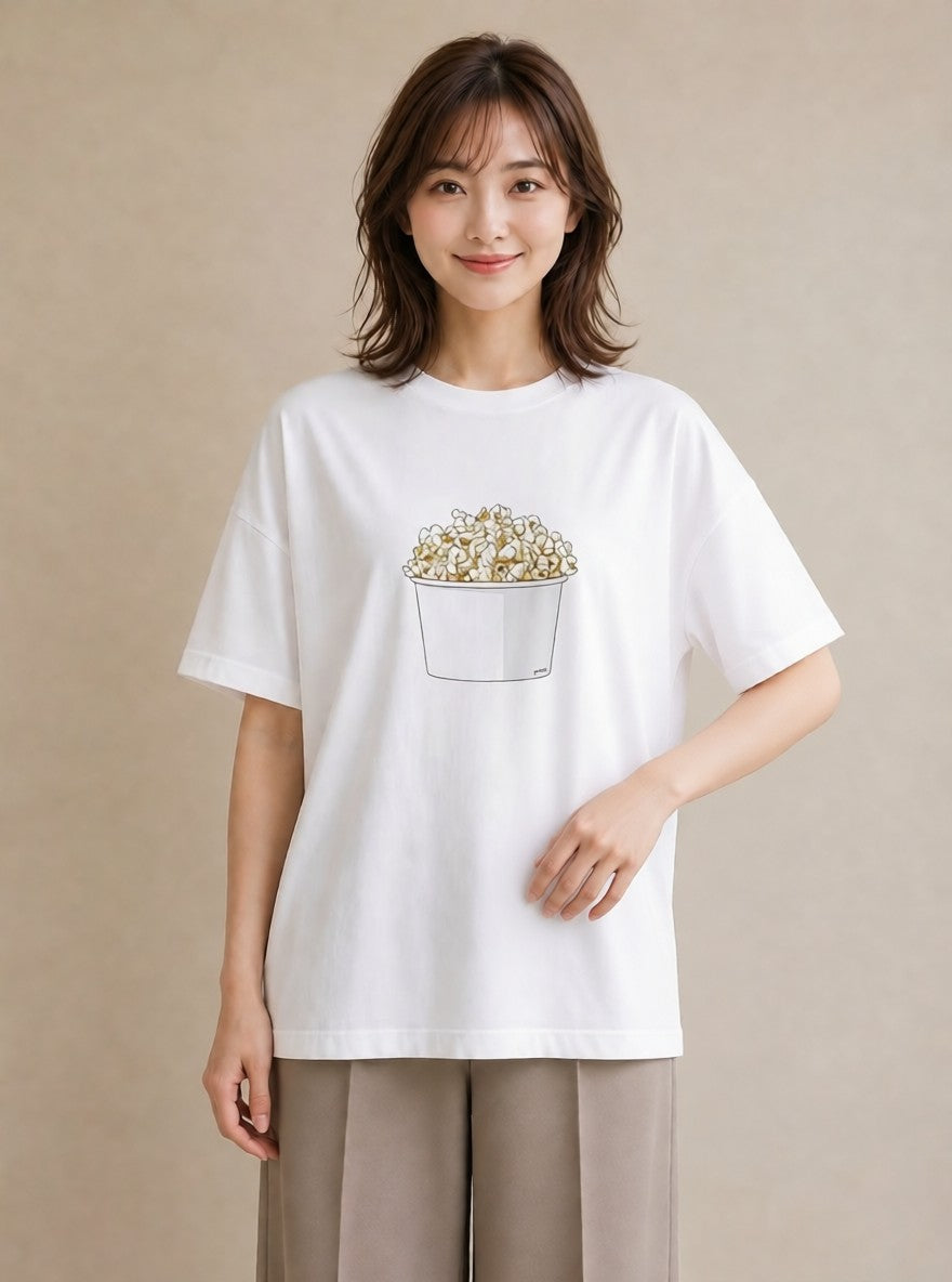 グラフィックTシャツ レディース ポップコーン 食べ物 フード イラスト フェミニン 送別ギフト 通勤 白T YMAZO