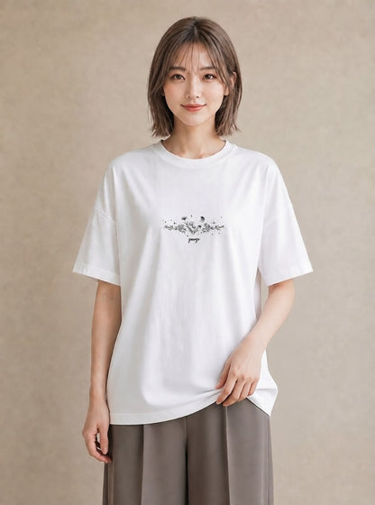 Tシャツ レディース レースハンカチ レース ハンカチ ナチュラル アンティーク イラスト モード 散歩 お出かけ 白T YMAZO