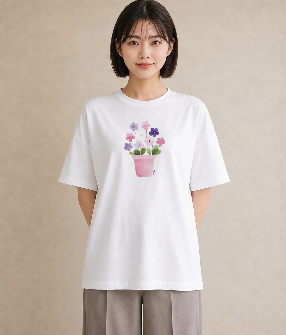 グラフィックTシャツ レディース パンジー 花 花柄 イラスト アート風 自分用 ルームウェア 白T YMAZO