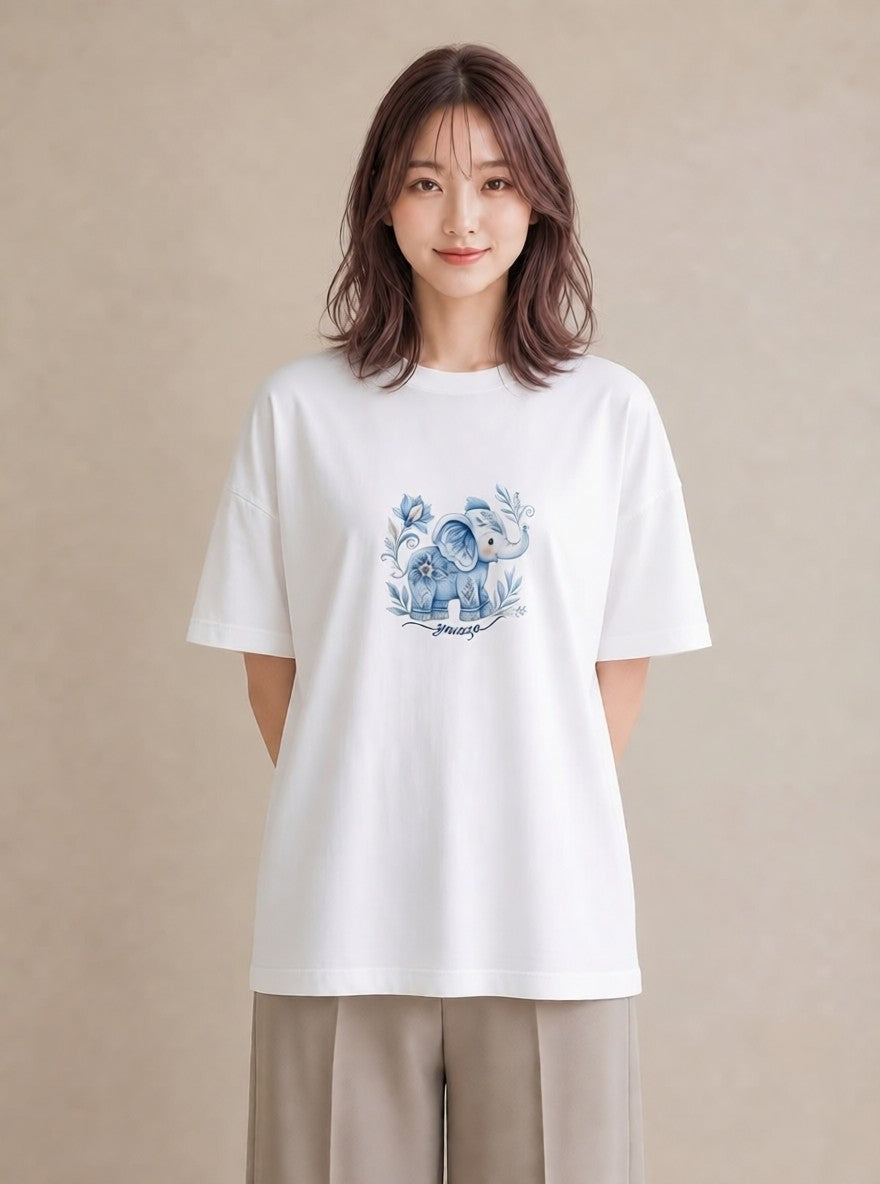 半袖Tシャツ レディース ぞう 動物 アニマル イラスト ヴィンテージ風 夏コーデ 通学 白T YMAZO