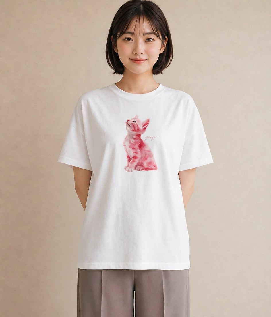 半袖Tシャツ レディース しっぽ 猫 ねこ イラスト アート風 ギフト 母の日 白T YMAZO