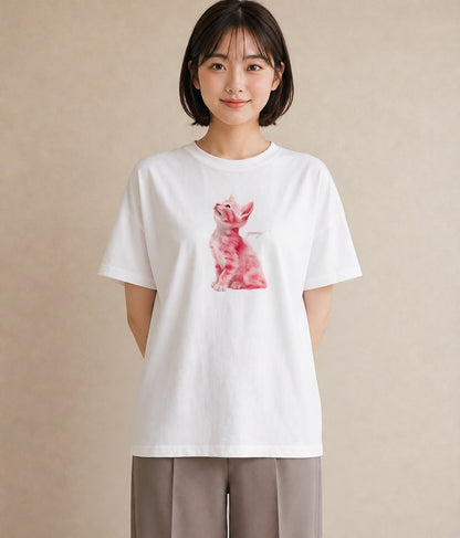 半袖Tシャツ レディース しっぽ 猫 ねこ イラスト アート風 ギフト 母の日 白T YMAZO