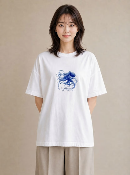 半袖Tシャツ レディース イカ 海の生き物 海 イラスト 休日コーデ カフェ巡り 白T YMAZO