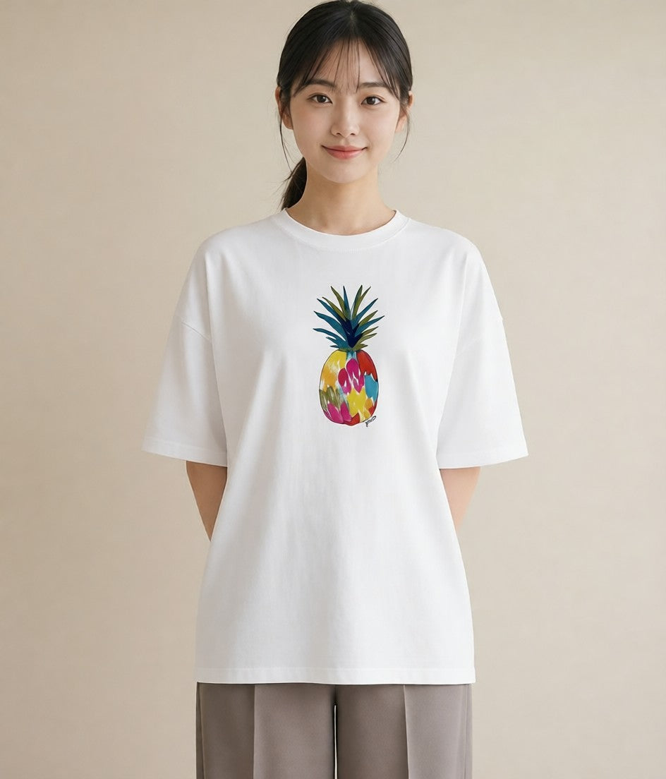 プリントTシャツ レディース パイナップル 食べ物 フード イラスト フェミニン 春服 ミセス 白T YMAZO