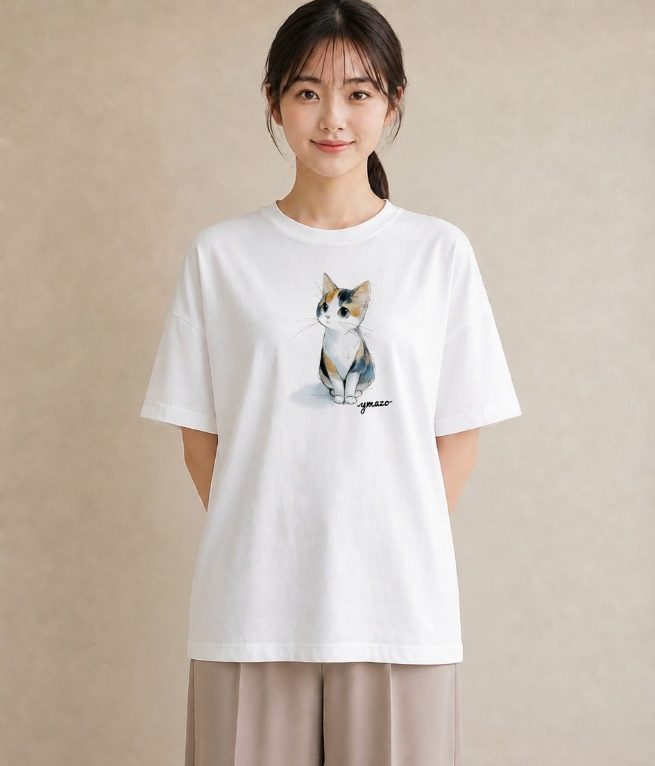 デザインTシャツ レディース ハチワレ 白黒猫 猫 ねこ イラスト カフェコーデ 女性 旅行用 白T YMAZO