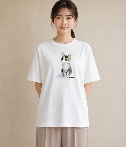 デザインTシャツ レディース ハチワレ 白黒猫 猫 ねこ イラスト カフェコーデ 女性 旅行用 白T YMAZO