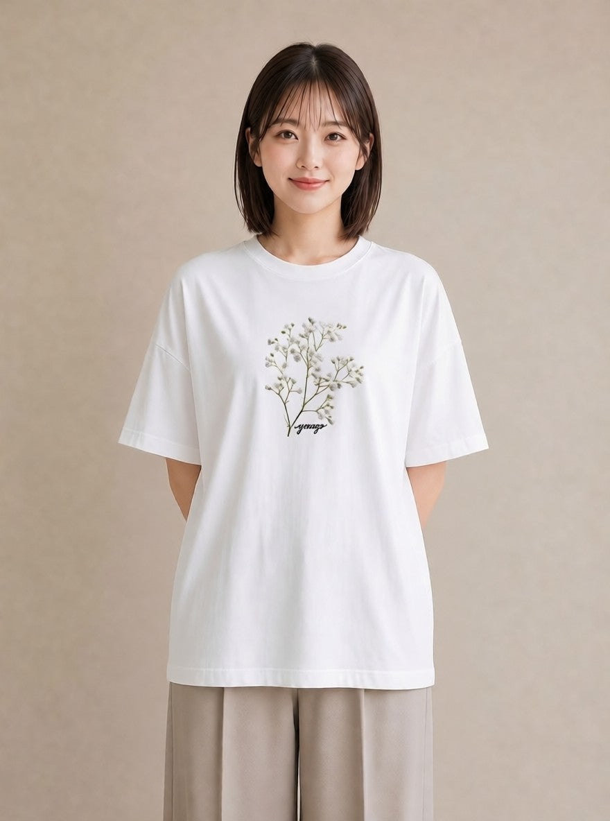 プリントTシャツ レディース カスミソウ かすみ草 花 花柄 イラスト 手描き風 デート 帰省 白T YMAZO