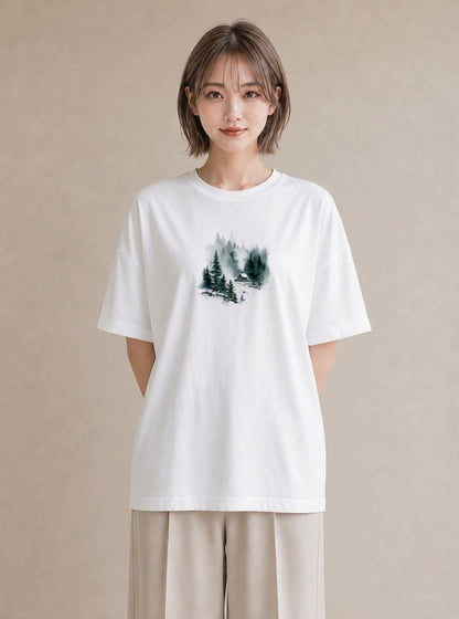 プリントTシャツ レディース 湖畔の小屋 湖 小屋 ナチュラル アンティーク イラスト 休日コーデ 誕生日プレゼント 綿100 白T YMAZO