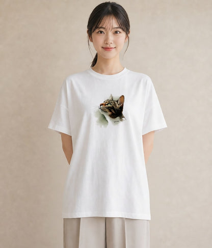 グラフィックTシャツ レディース ぶち猫 猫 ねこ イラスト アート風 女性向けギフト 散歩 白T YMAZO