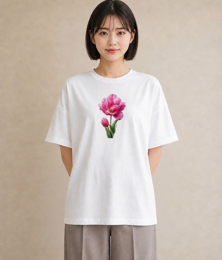 デザインTシャツ レディース チューリップ 花 花柄 イラスト 水彩風 カフェ服 クリスマス 白T YMAZO