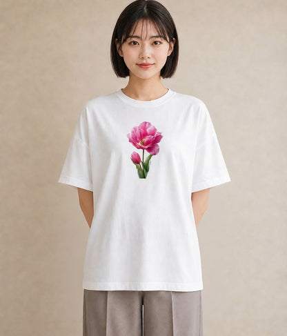 デザインTシャツ レディース チューリップ 花 花柄 イラスト 水彩風 カフェ服 クリスマス 白T YMAZO