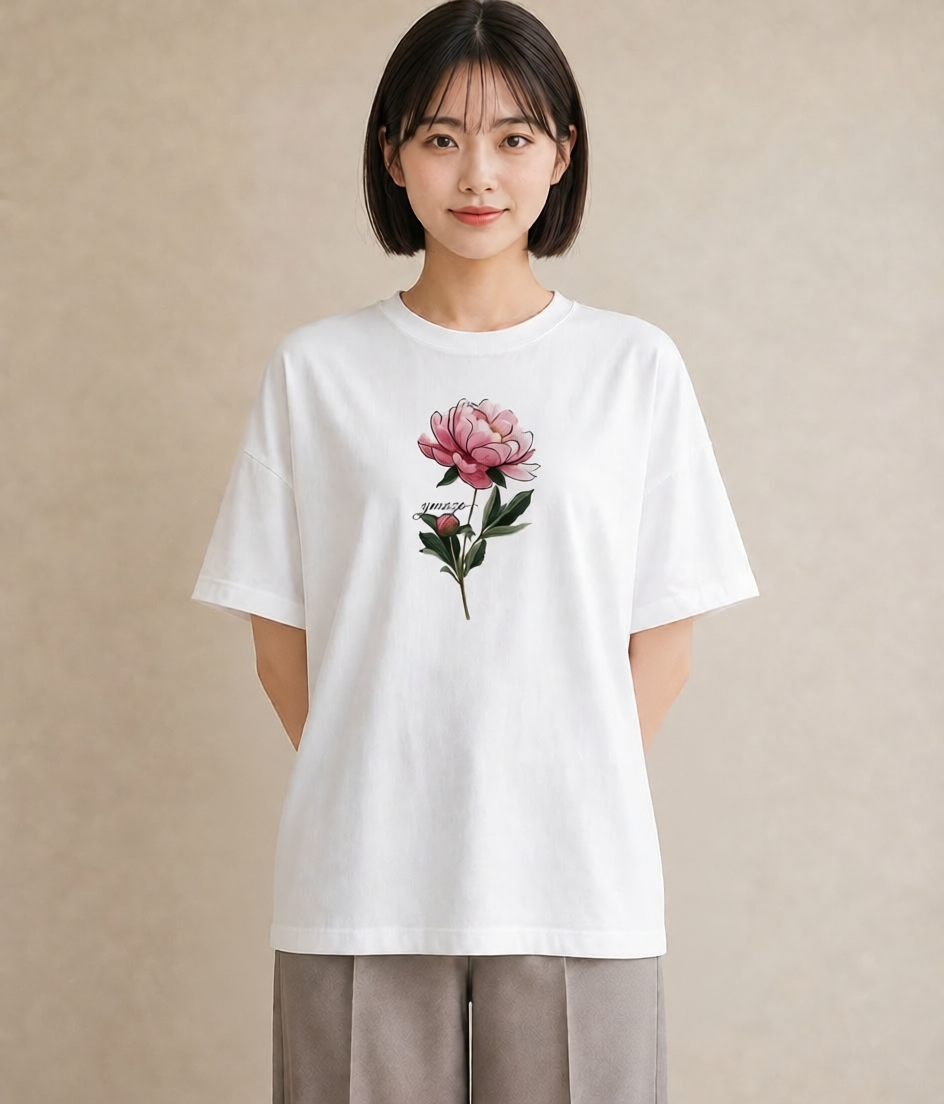 半袖Tシャツ レディース 牡丹 花 花柄 イラスト 普段使い 女性 旅行用 白T YMAZO