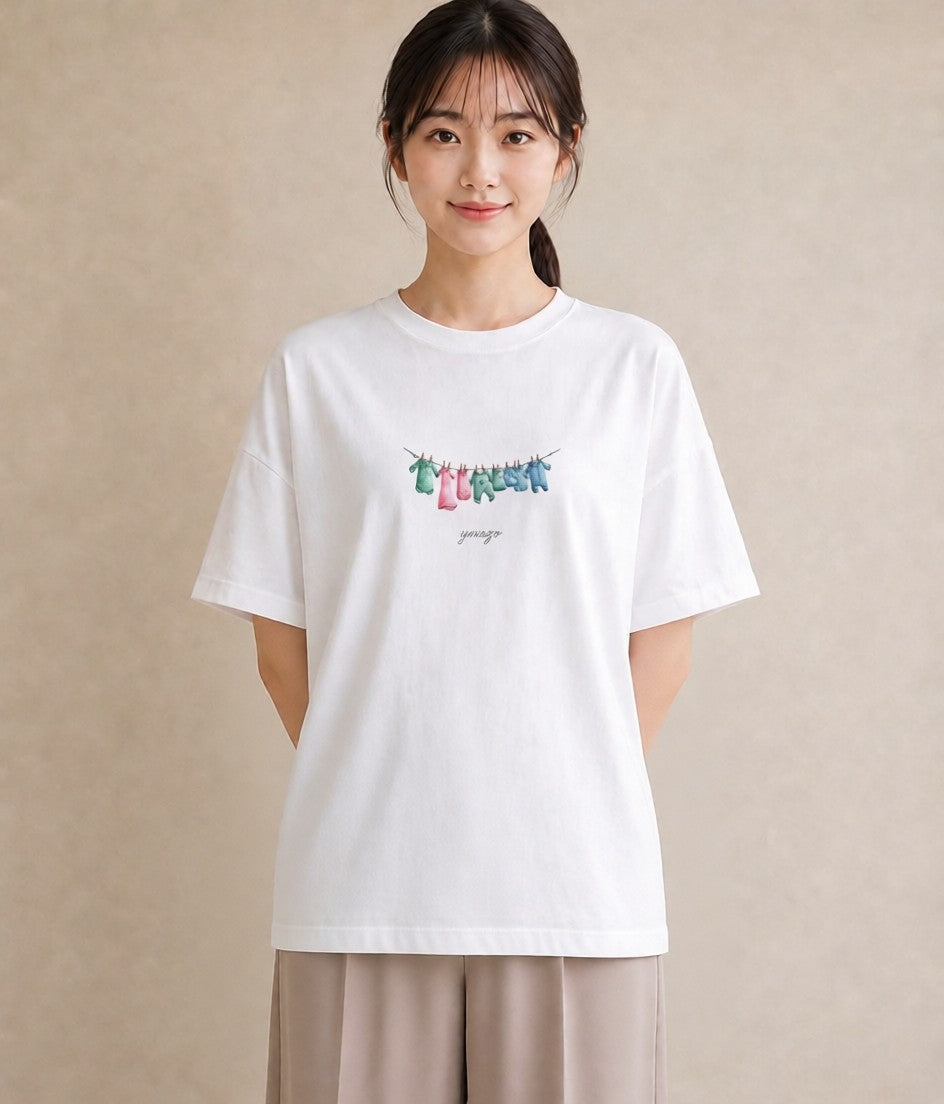 デザインTシャツ レディース 洗濯物 風 ナチュラル アンティーク イラスト 北欧風 週末コーデ 敬老の日 白T YMAZO