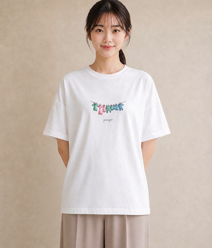 デザインTシャツ レディース 洗濯物 風 ナチュラル アンティーク イラスト 北欧風 週末コーデ 敬老の日 白T YMAZO