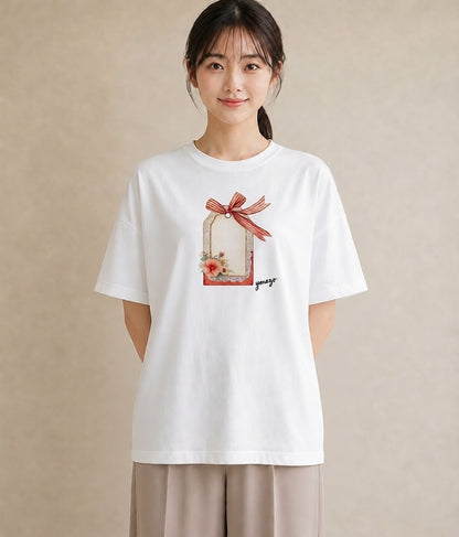 プリントTシャツ レディース 手鏡 アンティーク レトロ ナチュラル イラスト アート風 ビーチ デイリーウェア 白T YMAZO