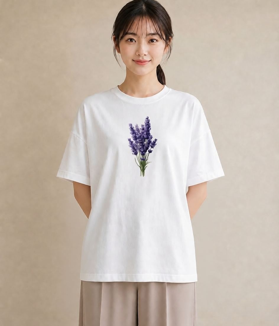 グラフィックTシャツ レディース ラベンダー 花 花柄 イラスト 旅行コーデ 帰省 ラフ 白T
