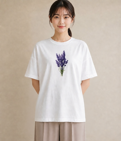 グラフィックTシャツ レディース ラベンダー 花 花柄 イラスト 旅行コーデ 帰省 ラフ 白T