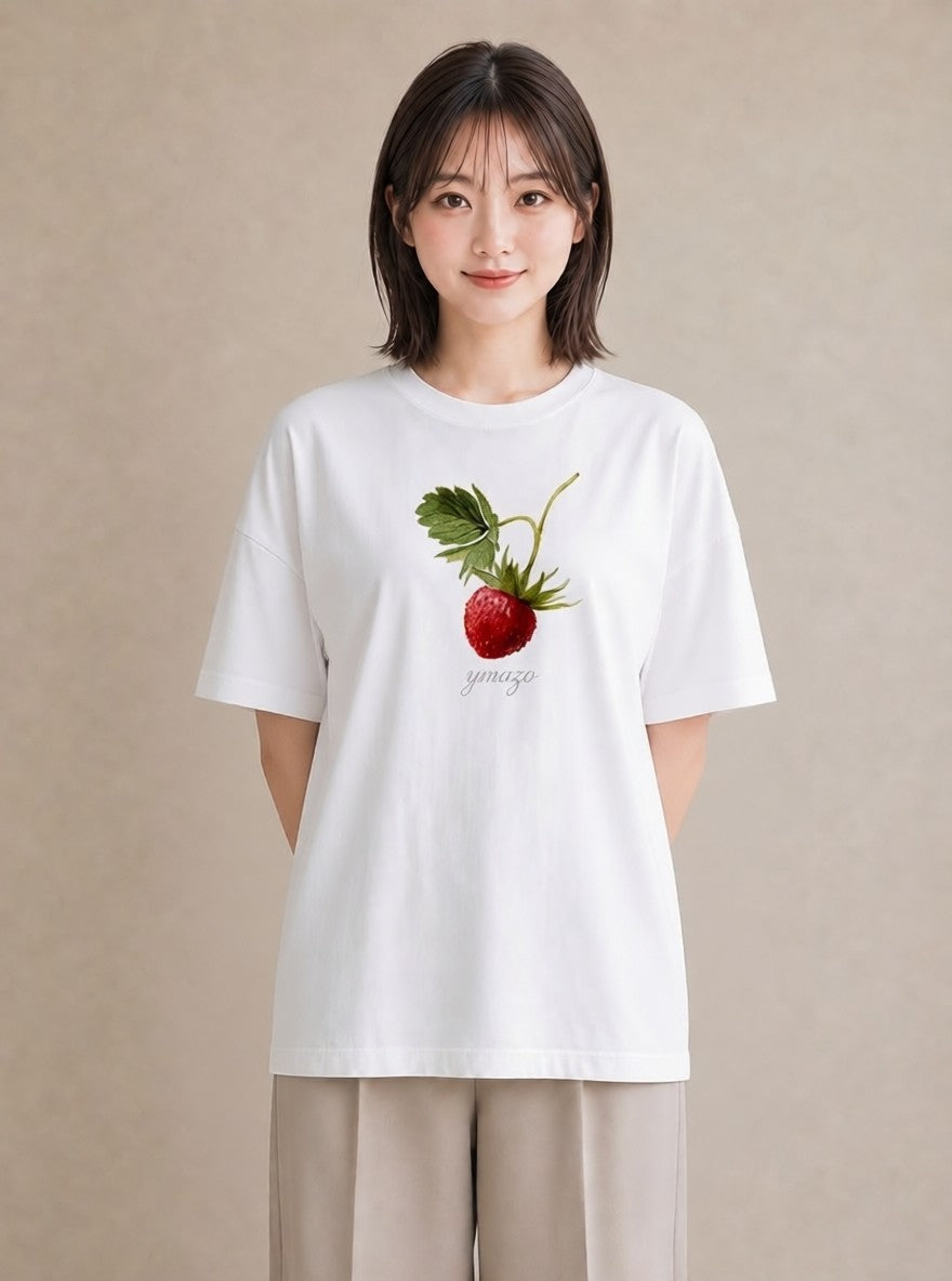 半袖Tシャツ レディース いちご 苺 ストロベリー 食べ物 フード イラスト 韓国風 春服 ミセス 白T YMAZO