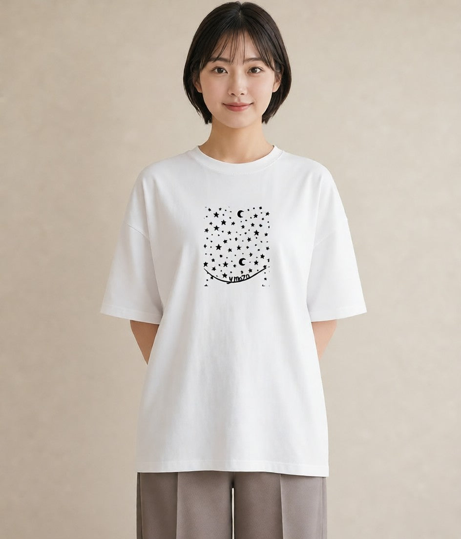 半袖Tシャツ レディース 月と星 星空 ムーン イラスト ミニマル 敬老の日 ホワイトデー 白T YMAZO