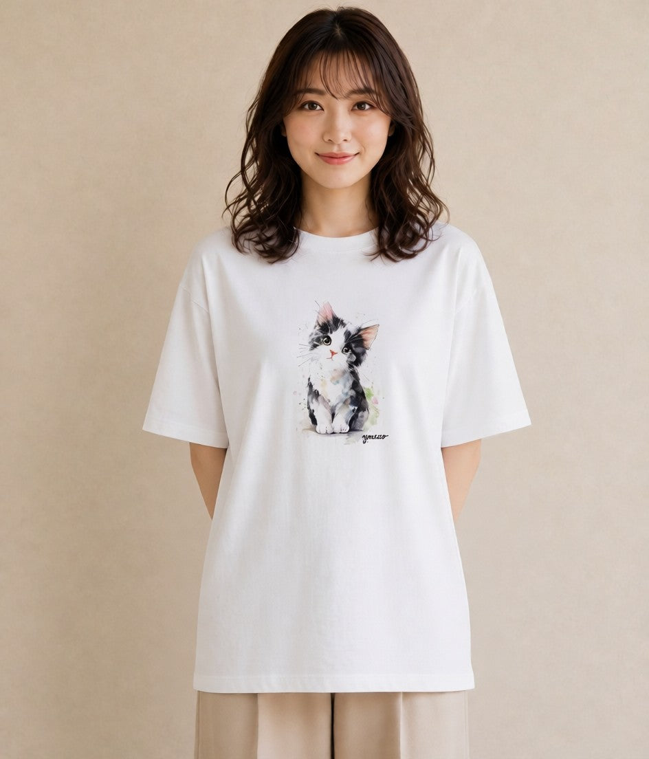 半袖Tシャツ レディース 三毛猫 みけねこ 三毛 猫 ねこ イラスト フェミニン 散歩 お出かけ 白T YMAZO