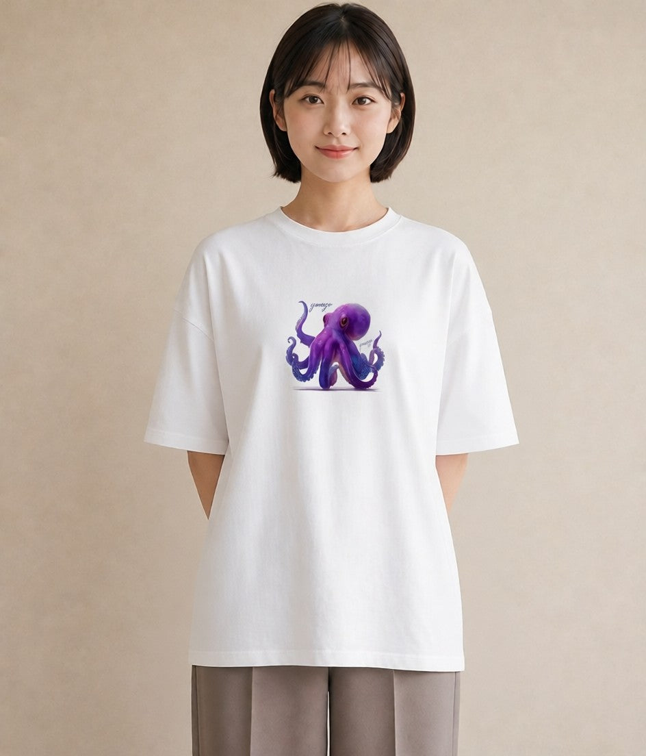 プリントTシャツ レディース イカ 海の生き物 海 イラスト 普段使い 旅行 母娘コーデ 白T YMAZO