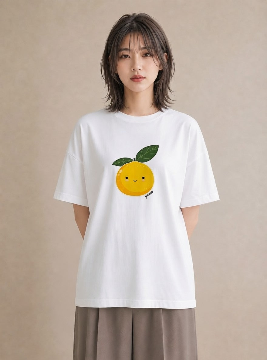 プリントTシャツ レディース みかん 食べ物 フード イラスト カフェコーデ ミセス 春コーデ 白T YMAZO
