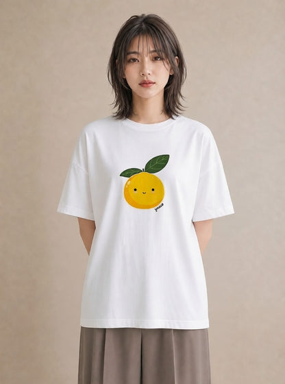 プリントTシャツ レディース みかん 食べ物 フード イラスト カフェコーデ ミセス 春コーデ 白T YMAZO