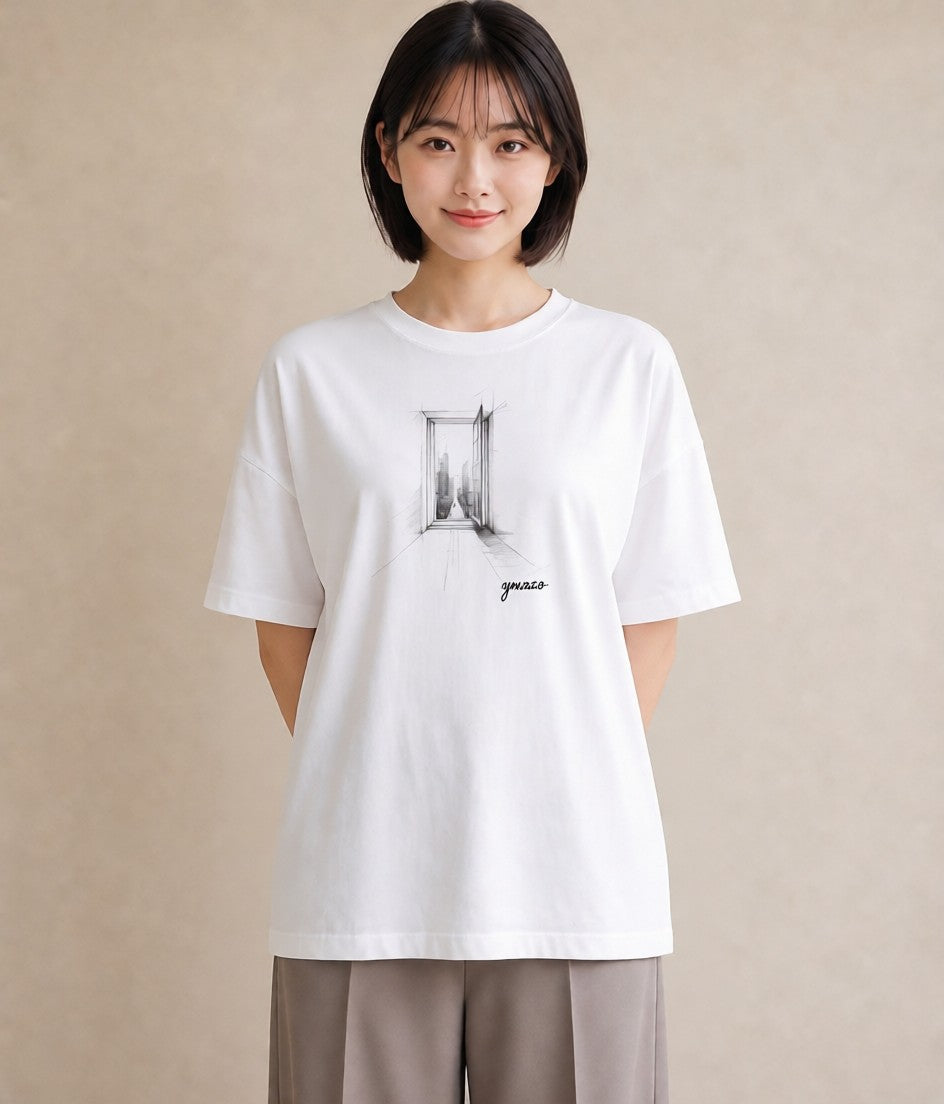 プリントTシャツ レディース 窓辺の雨 雨の日 窓 ナチュラル アンティーク イラスト ガーリー 敬老の日 ホワイトデー 白T YMAZO