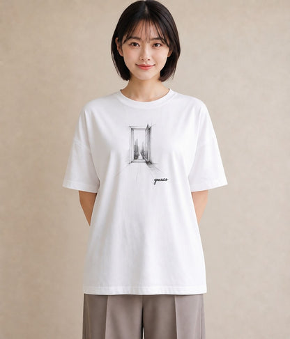 プリントTシャツ レディース 窓辺の雨 雨の日 窓 ナチュラル アンティーク イラスト ガーリー 敬老の日 ホワイトデー 白T YMAZO