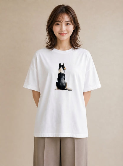 半袖Tシャツ レディース ボーダーコリー 犬 いぬ イラスト シンプル カフェ服 クリスマス 白T YMAZO