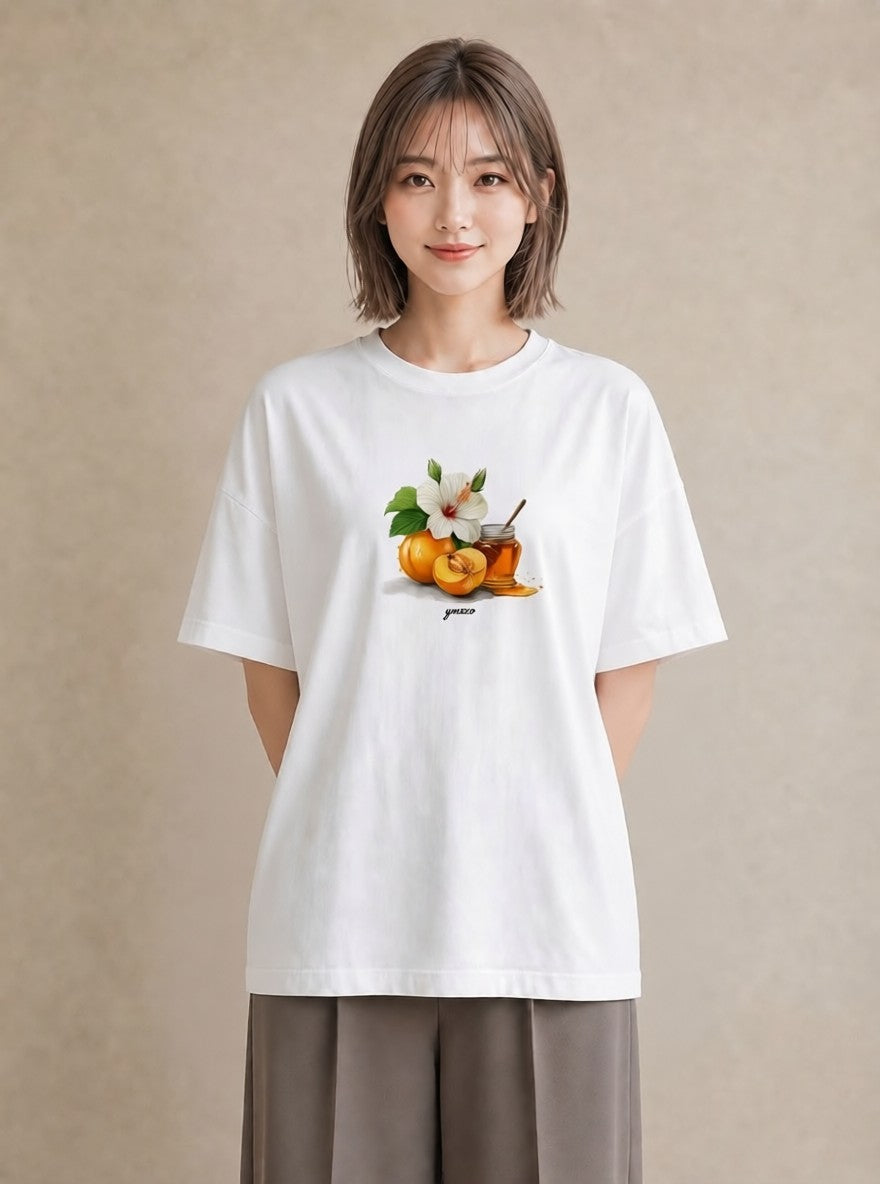 プリントTシャツ レディース はちみつ 食べ物 フード イラスト 線画 夏コーデ 通学 白T YMAZO