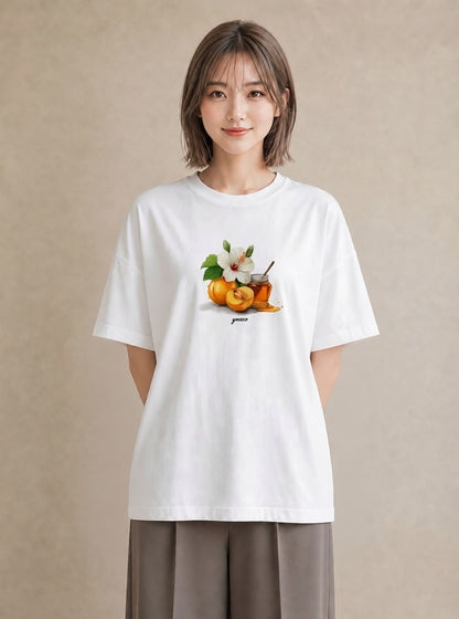 プリントTシャツ レディース はちみつ 食べ物 フード イラスト 線画 夏コーデ 通学 白T YMAZO