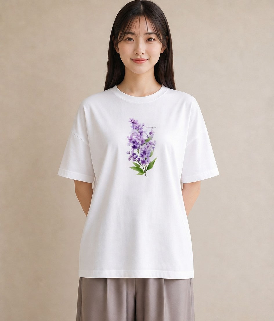 プリントTシャツ レディース ラベンダー 花 花柄 イラスト ラフカジュアル 友達ギフト 部屋着 白T YMAZO