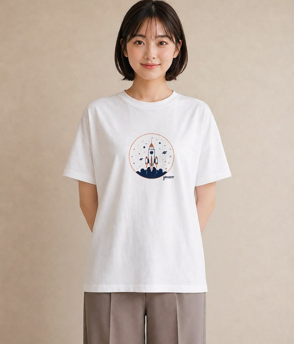 半袖Tシャツ レディース ロケット 星空 宇宙 イラスト ガーリー 買い物 夏コーデ 白T YMAZO