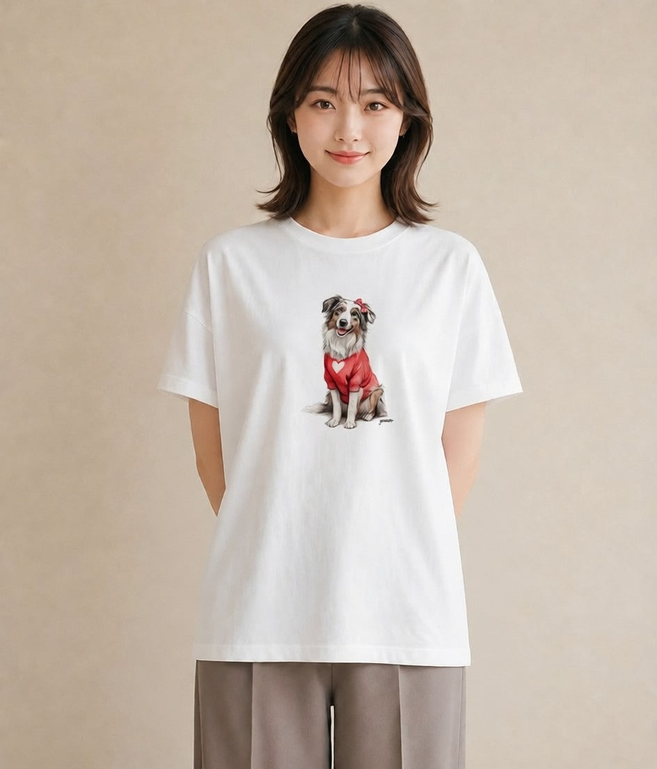 Tシャツ レディース ボーダーコリー 犬 いぬ イラスト ラフ 在宅 公園 白T YMAZO