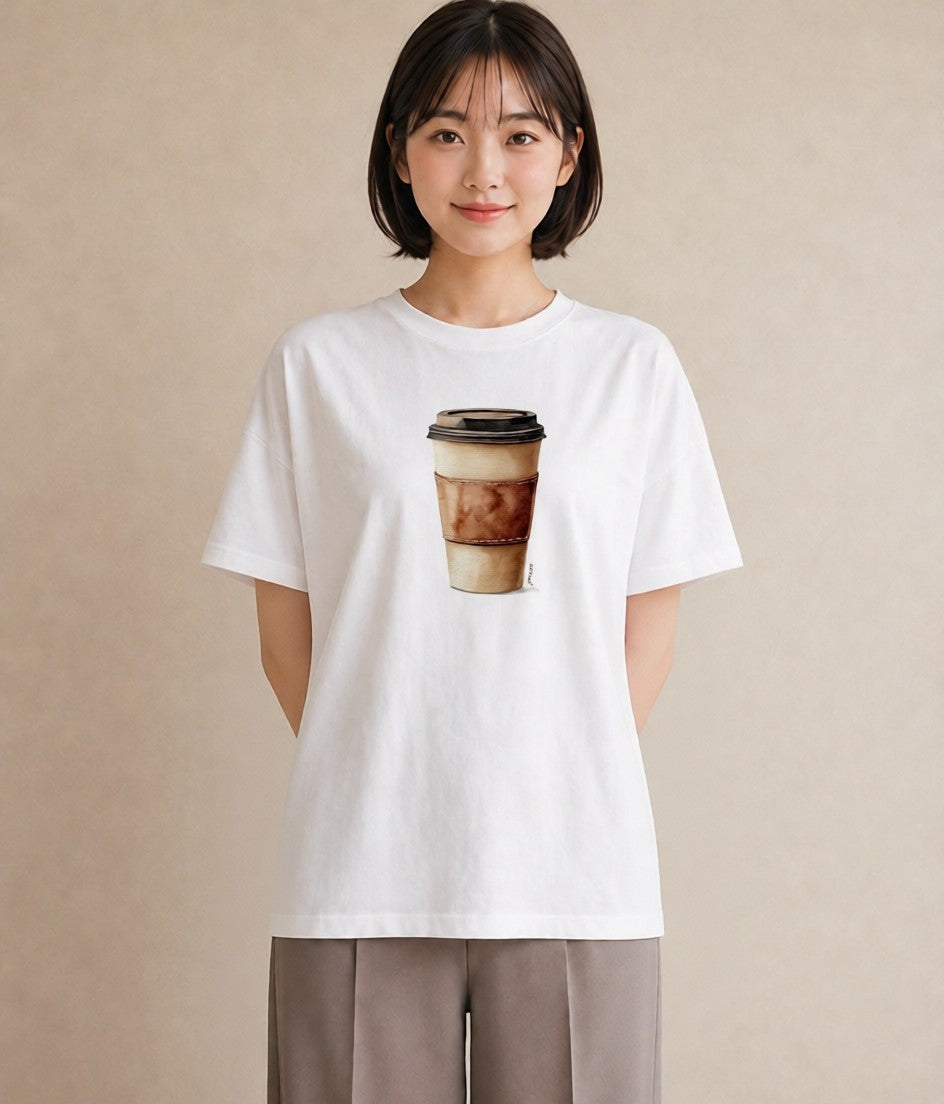 デザインTシャツ レディース カフェラテ 食べ物 フード イラスト 普段使い 通学 誕生日プレゼント 白T YMAZO
