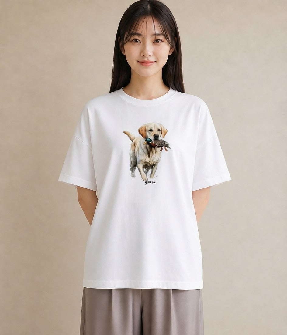 グラフィックTシャツ レディース ラブラドールレトリバー 犬 いぬ イラスト 手描き風 買い物 夏コーデ 白T YMAZO