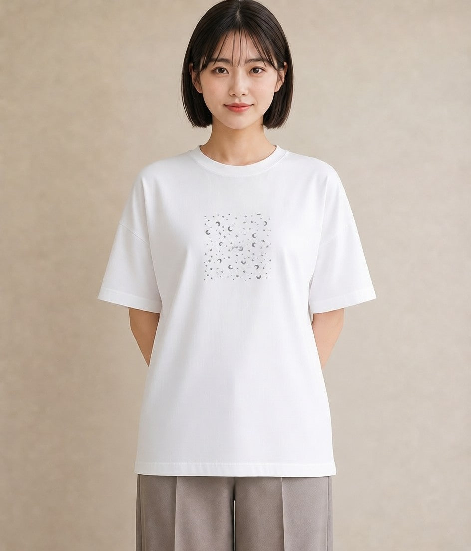 グラフィックTシャツ レディース 月と星 星空 ムーン イラスト カジュアル 旅行用 海 白T YMAZO