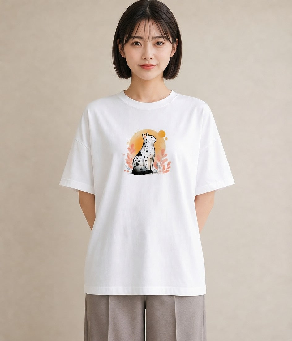 グラフィックTシャツ レディース おすわり猫 猫 ねこ イラスト カジュアル ラフ レイヤード 白T YMAZO