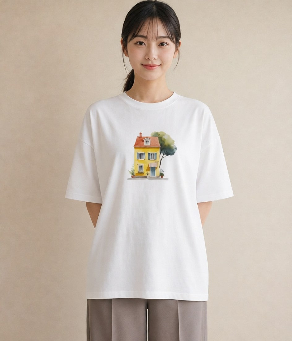 Tシャツ レディース 灯りの家 小屋 夜 ナチュラル アンティーク イラスト 上品 旅行 母娘コーデ 白T YMAZO