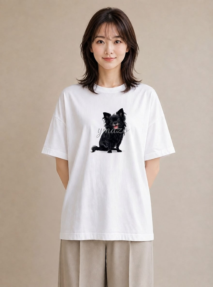 半袖Tシャツ レディース ロングコートチワワ 犬 いぬ イラスト きれいめカジュアル 春コーデ 姉妹 白T YMAZO