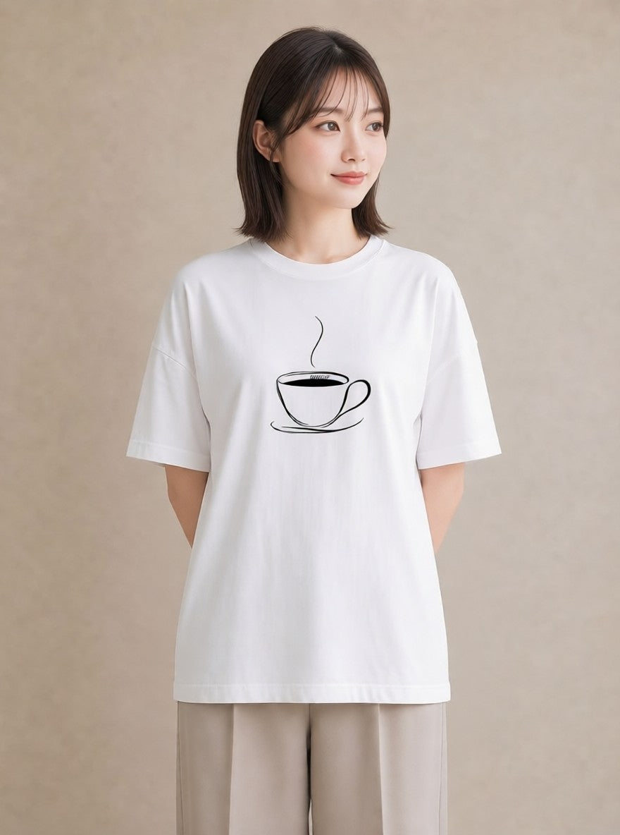 グラフィックTシャツ レディース コーヒー カフェ 珈琲 イラスト 淡色 通勤 在宅 白T YMAZO