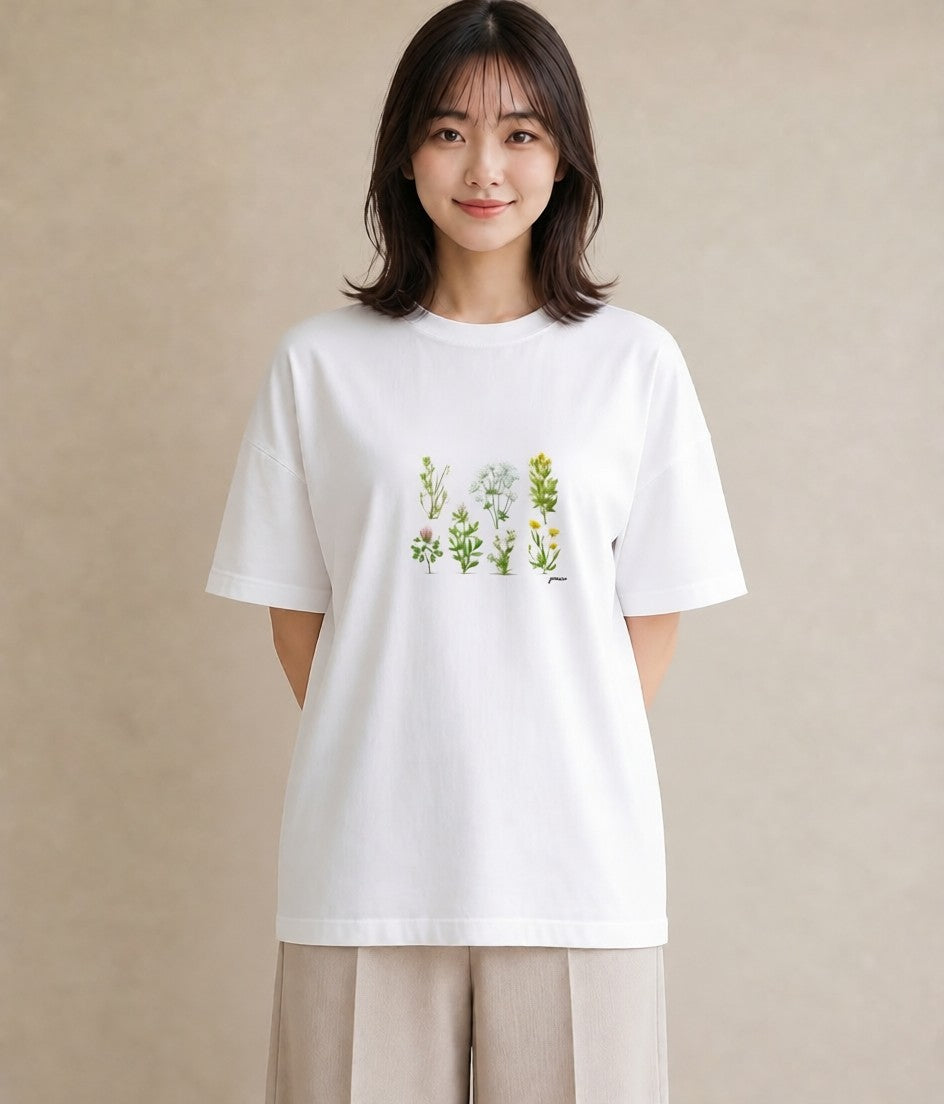 デザインTシャツ レディース ハーブ 植物 ボタニカル イラスト 可愛い 春服 ミセス 白T YMAZO