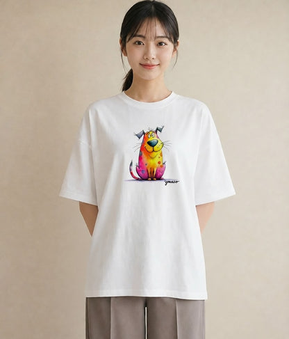 Tシャツ レディース しっぽ 猫 ねこ イラスト ポップ 海 カフェ巡り 白T YMAZO