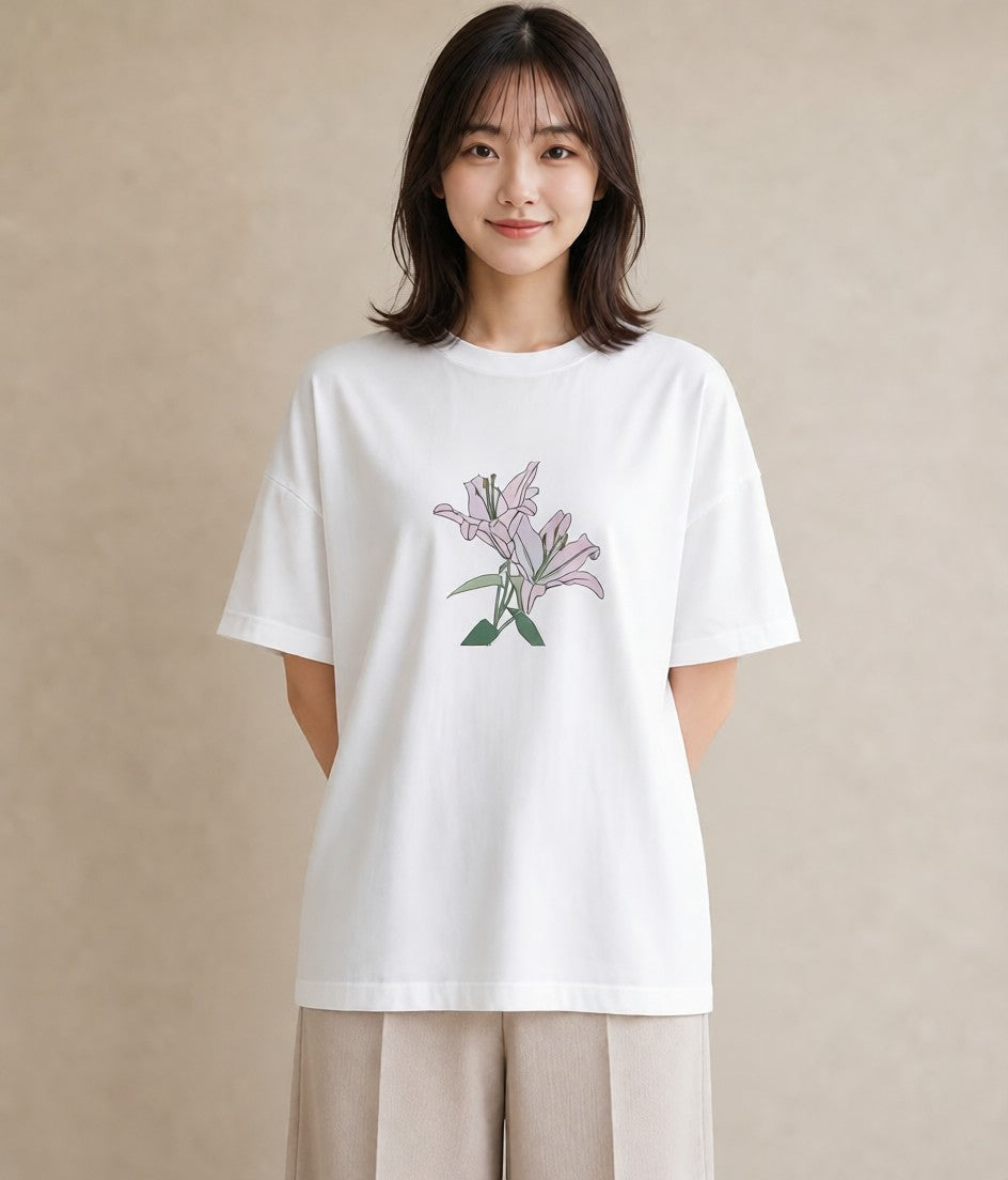 プリントTシャツ レディース ゆり 百合 花 花柄 イラスト 北欧風 旅行 母娘コーデ 白T YMAZO