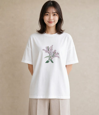 プリントTシャツ レディース ゆり 百合 花 花柄 イラスト 北欧風 旅行 母娘コーデ 白T YMAZO