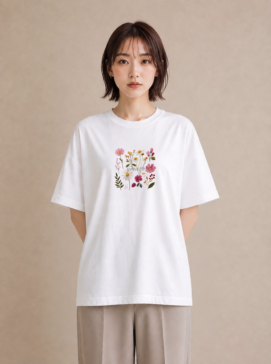 半袖Tシャツ レディース コスモス 秋桜 花 花柄 イラスト 線画 女性 旅行用 白T