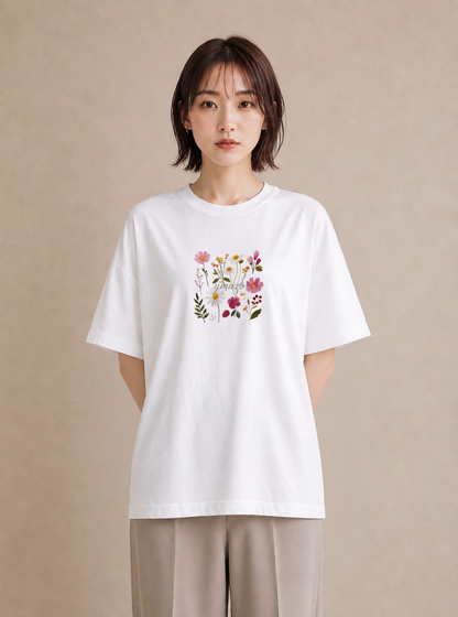 半袖Tシャツ レディース コスモス 秋桜 花 花柄 イラスト 線画 女性 旅行用 白T