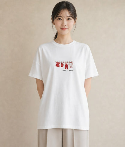 グラフィックTシャツ レディース 洗濯物 風 ナチュラル アンティーク イラスト お洒落 通勤 在宅 白T YMAZO