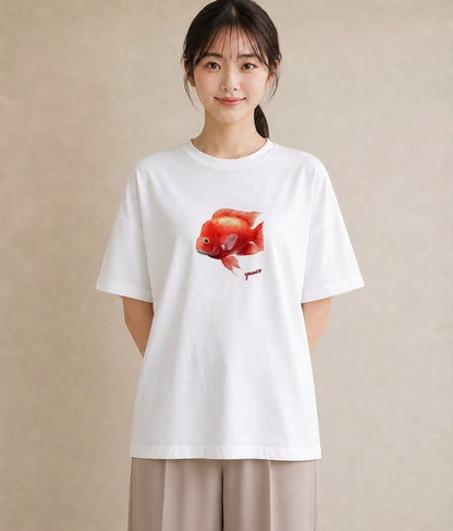 半袖Tシャツ レディース 出目金 ペット 動物 イラスト ユニーク 女性向けギフト 散歩 白T YMAZO